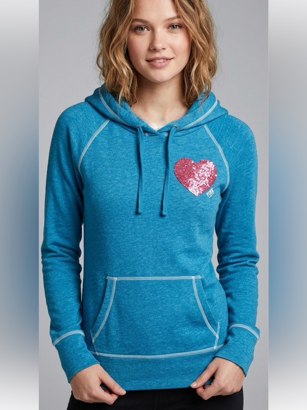 PINK Victoria's Secret Blue Hoodie Hearts and Love Sparkles. Size‎ Medium.